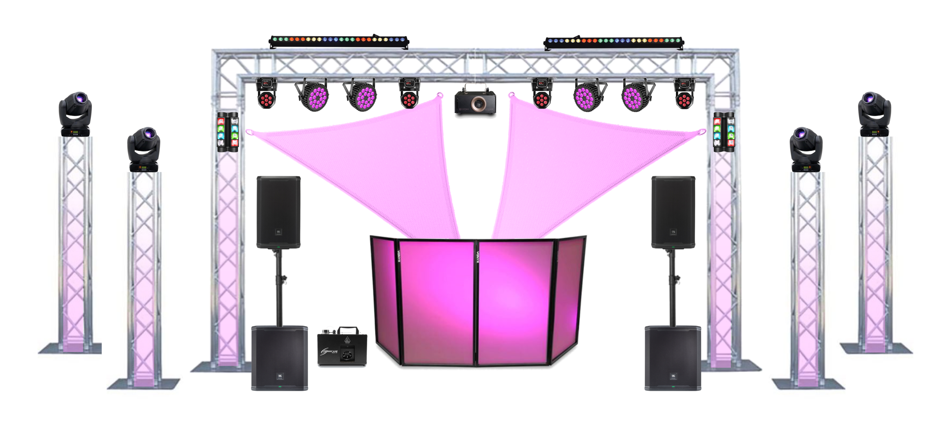 Location lumière mariage : location matériel d'enceinte, structure scène, pack de luminaires et machine à fumée